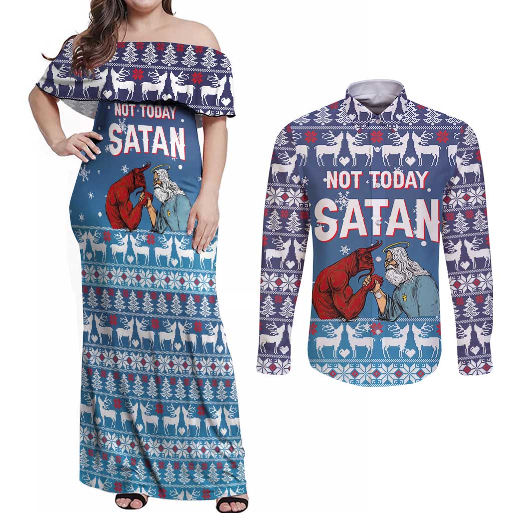 Jesus Not To Day Satan Christmas Couples Matching Off Shoulder Maxi Dress and Long Sleeve Button Shirt Funny Xmas Holiday Patterns - Wonder Print Shop