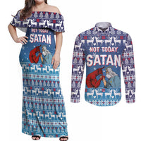 Jesus Not To Day Satan Christmas Couples Matching Off Shoulder Maxi Dress and Long Sleeve Button Shirt Funny Xmas Holiday Patterns - Wonder Print Shop