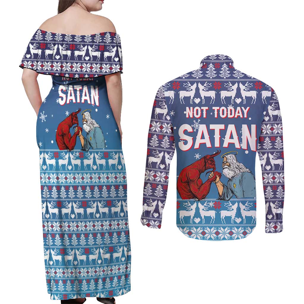 Jesus Not To Day Satan Christmas Couples Matching Off Shoulder Maxi Dress and Long Sleeve Button Shirt Funny Xmas Holiday Patterns - Wonder Print Shop