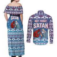 Jesus Not To Day Satan Christmas Couples Matching Off Shoulder Maxi Dress and Long Sleeve Button Shirt Funny Xmas Holiday Patterns - Wonder Print Shop