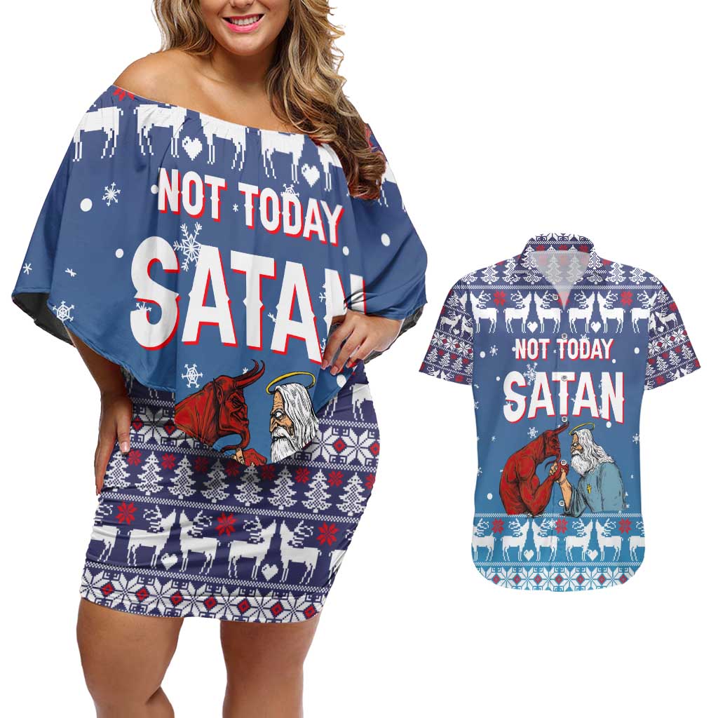 Jesus Not To Day Satan Christmas Couples Matching Off Shoulder Short Dress and Hawaiian Shirt Funny Xmas Holiday Patterns - Wonder Print Shop