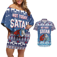 Jesus Not To Day Satan Christmas Couples Matching Off Shoulder Short Dress and Hawaiian Shirt Funny Xmas Holiday Patterns - Wonder Print Shop