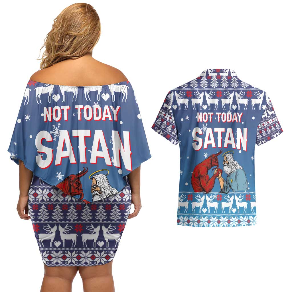 Jesus Not To Day Satan Christmas Couples Matching Off Shoulder Short Dress and Hawaiian Shirt Funny Xmas Holiday Patterns - Wonder Print Shop
