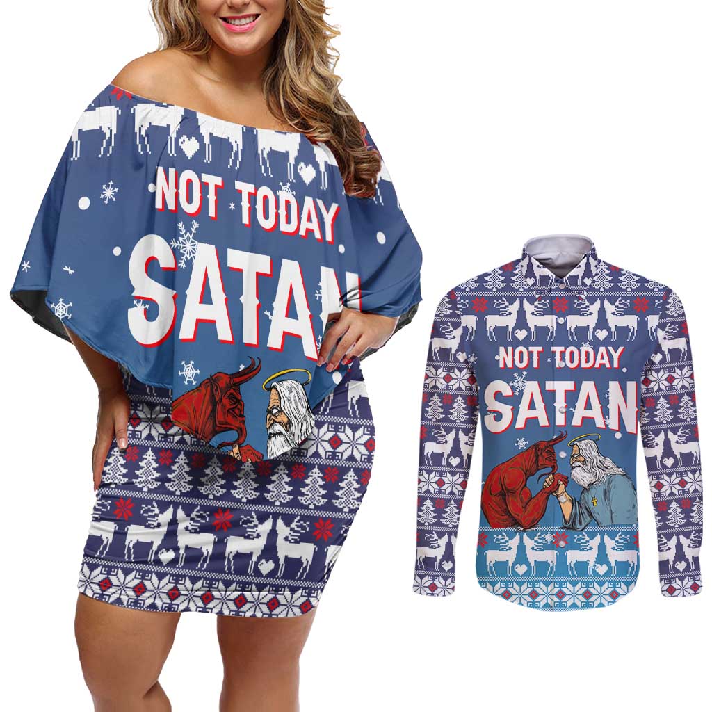 Jesus Not To Day Satan Christmas Couples Matching Off Shoulder Short Dress and Long Sleeve Button Shirt Funny Xmas Holiday Patterns - Wonder Print Shop