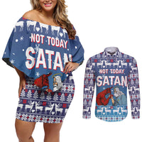 Jesus Not To Day Satan Christmas Couples Matching Off Shoulder Short Dress and Long Sleeve Button Shirt Funny Xmas Holiday Patterns - Wonder Print Shop