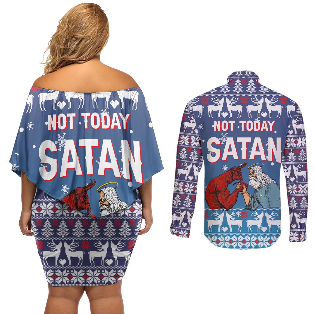 Jesus Not To Day Satan Christmas Couples Matching Off Shoulder Short Dress and Long Sleeve Button Shirt Funny Xmas Holiday Patterns - Wonder Print Shop