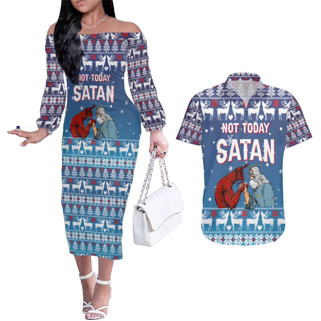 Jesus Not To Day Satan Christmas Couples Matching Off The Shoulder Long Sleeve Dress and Hawaiian Shirt Funny Xmas Holiday Patterns - Wonder Print Shop