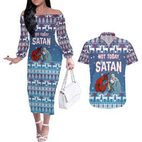 Jesus Not To Day Satan Christmas Couples Matching Off The Shoulder Long Sleeve Dress and Hawaiian Shirt Funny Xmas Holiday Patterns - Wonder Print Shop