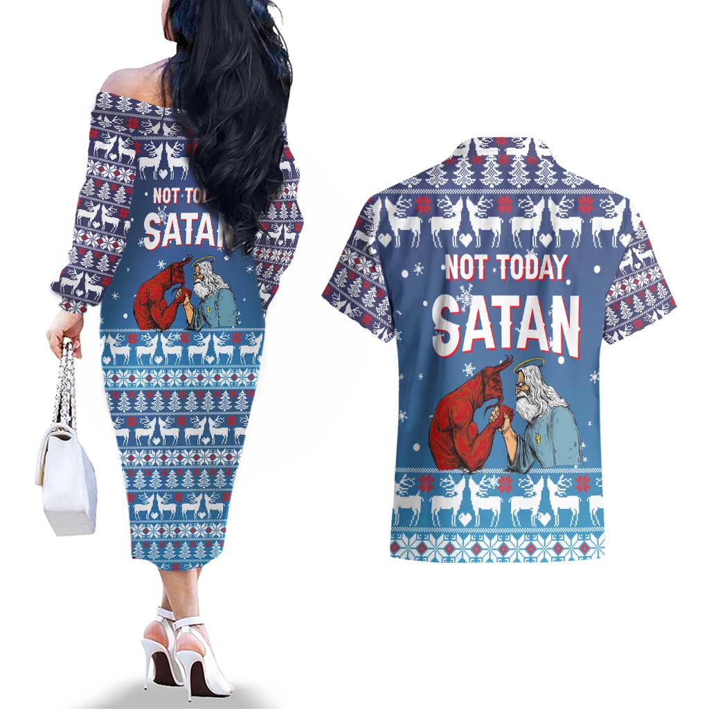 Jesus Not To Day Satan Christmas Couples Matching Off The Shoulder Long Sleeve Dress and Hawaiian Shirt Funny Xmas Holiday Patterns - Wonder Print Shop