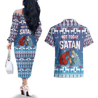 Jesus Not To Day Satan Christmas Couples Matching Off The Shoulder Long Sleeve Dress and Hawaiian Shirt Funny Xmas Holiday Patterns - Wonder Print Shop