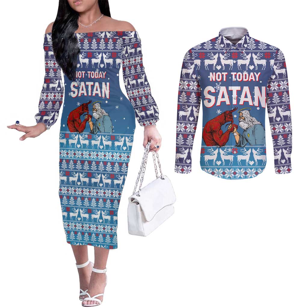 Jesus Not To Day Satan Christmas Couples Matching Off The Shoulder Long Sleeve Dress and Long Sleeve Button Shirt Funny Xmas Holiday Patterns - Wonder Print Shop