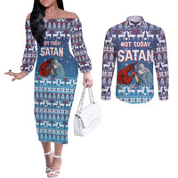Jesus Not To Day Satan Christmas Couples Matching Off The Shoulder Long Sleeve Dress and Long Sleeve Button Shirt Funny Xmas Holiday Patterns - Wonder Print Shop