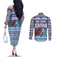 Jesus Not To Day Satan Christmas Couples Matching Off The Shoulder Long Sleeve Dress and Long Sleeve Button Shirt Funny Xmas Holiday Patterns - Wonder Print Shop