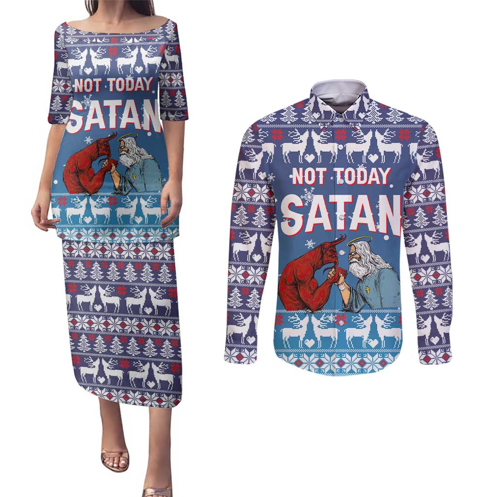 Jesus Not To Day Satan Christmas Couples Matching Puletasi and Long Sleeve Button Shirt Funny Xmas Holiday Patterns - Wonder Print Shop