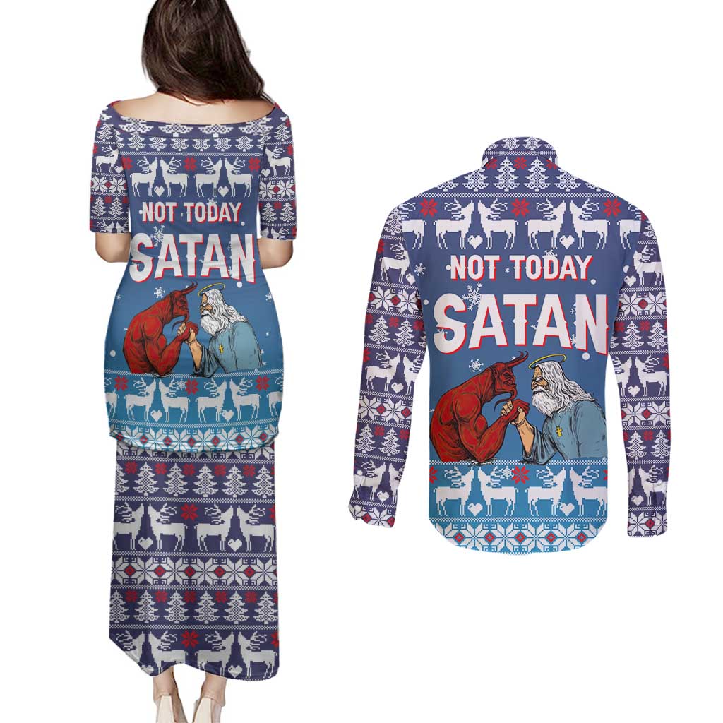 Jesus Not To Day Satan Christmas Couples Matching Puletasi and Long Sleeve Button Shirt Funny Xmas Holiday Patterns - Wonder Print Shop