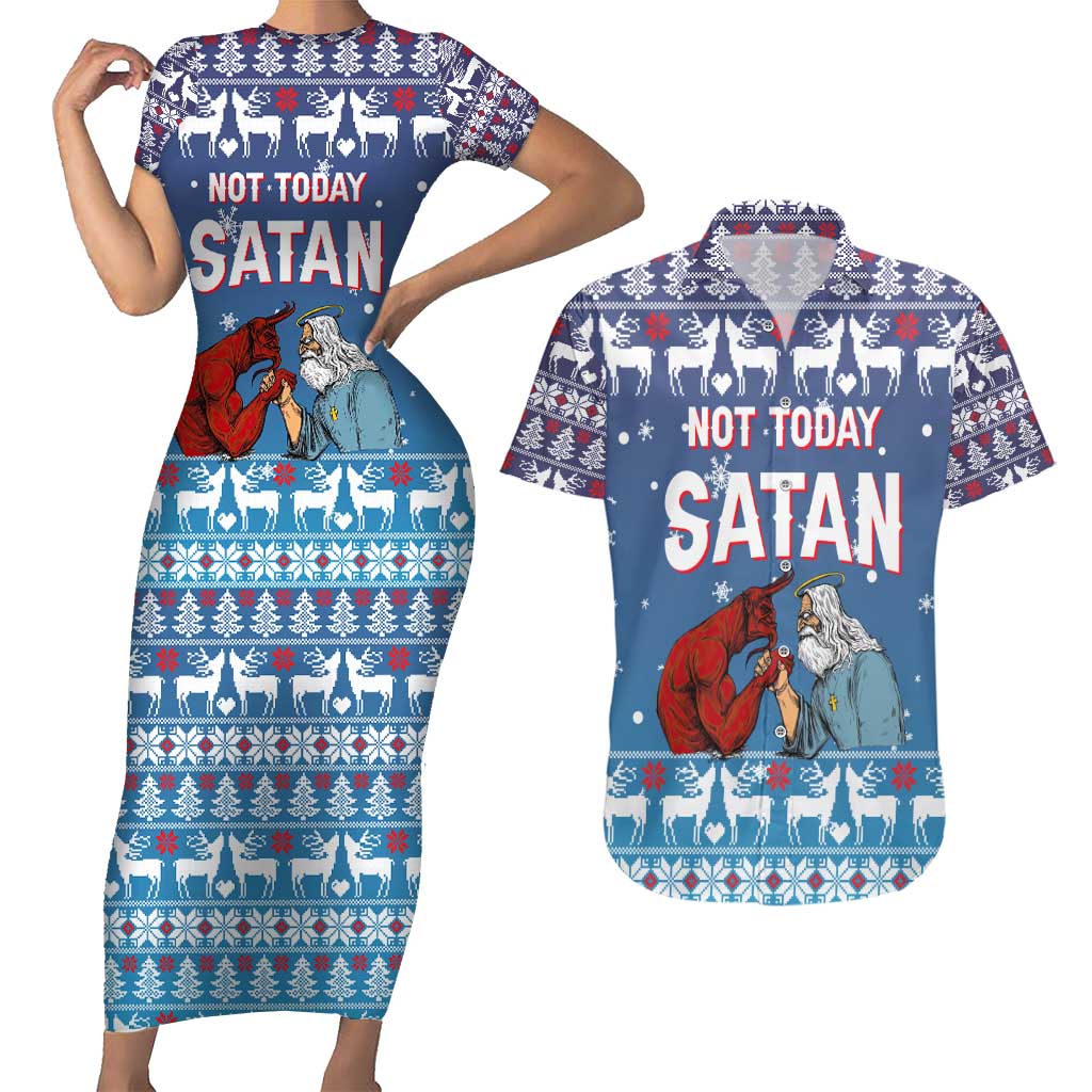 Jesus Not To Day Satan Christmas Couples Matching Short Sleeve Bodycon Dress and Hawaiian Shirt Funny Xmas Holiday Patterns - Wonder Print Shop