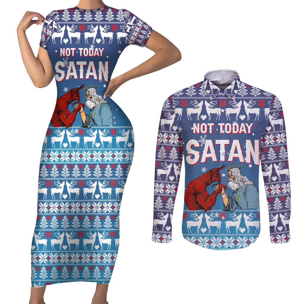 Jesus Not To Day Satan Christmas Couples Matching Short Sleeve Bodycon Dress and Long Sleeve Button Shirt Funny Xmas Holiday Patterns - Wonder Print Shop