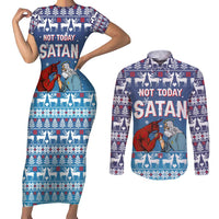 Jesus Not To Day Satan Christmas Couples Matching Short Sleeve Bodycon Dress and Long Sleeve Button Shirt Funny Xmas Holiday Patterns - Wonder Print Shop