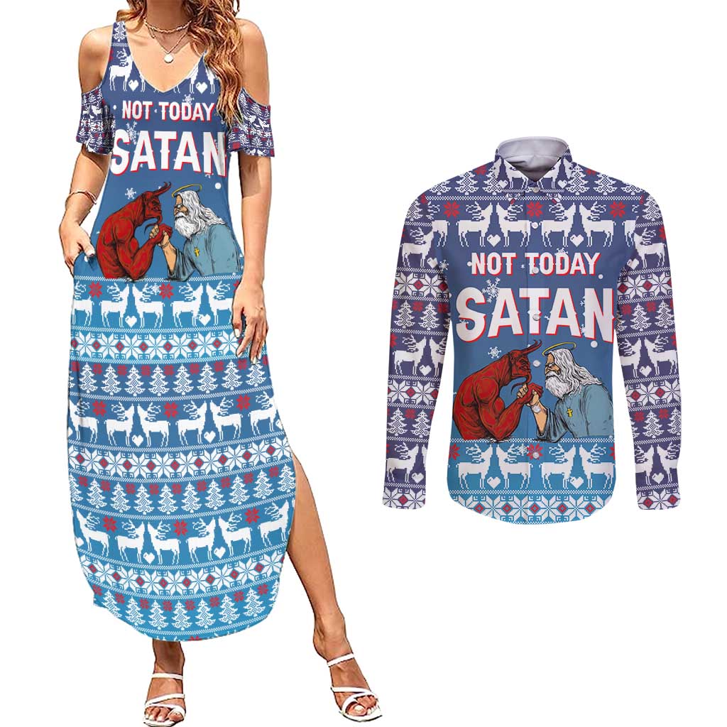 Jesus Not To Day Satan Christmas Couples Matching Summer Maxi Dress and Long Sleeve Button Shirt Funny Xmas Holiday Patterns - Wonder Print Shop