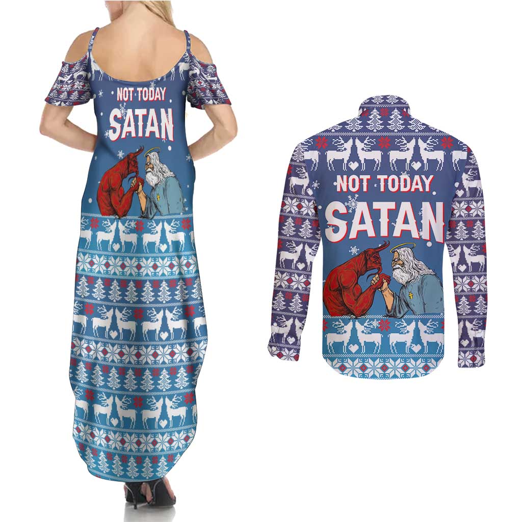 Jesus Not To Day Satan Christmas Couples Matching Summer Maxi Dress and Long Sleeve Button Shirt Funny Xmas Holiday Patterns - Wonder Print Shop