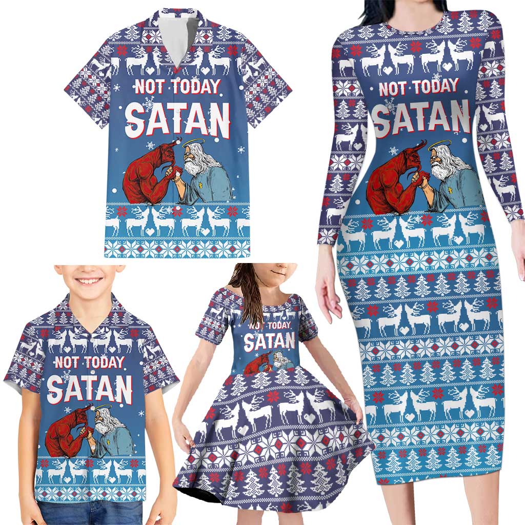 Jesus Not To Day Satan Christmas Family Matching Long Sleeve Bodycon Dress and Hawaiian Shirt Funny Xmas Holiday Patterns - Wonder Print Shop
