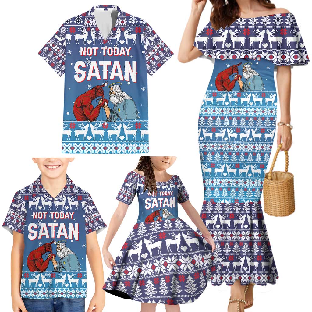 Jesus Not To Day Satan Christmas Family Matching Mermaid Dress and Hawaiian Shirt Funny Xmas Holiday Patterns - Wonder Print Shop