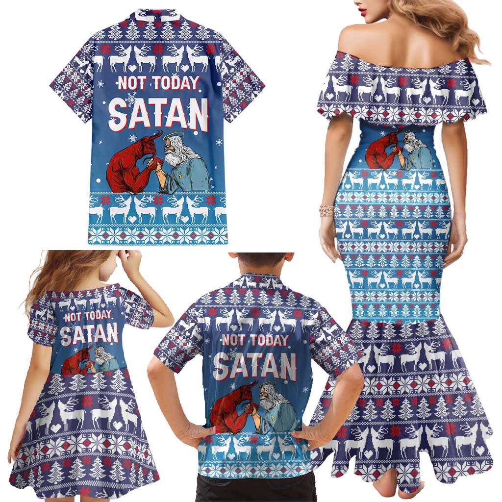 Jesus Not To Day Satan Christmas Family Matching Mermaid Dress and Hawaiian Shirt Funny Xmas Holiday Patterns - Wonder Print Shop