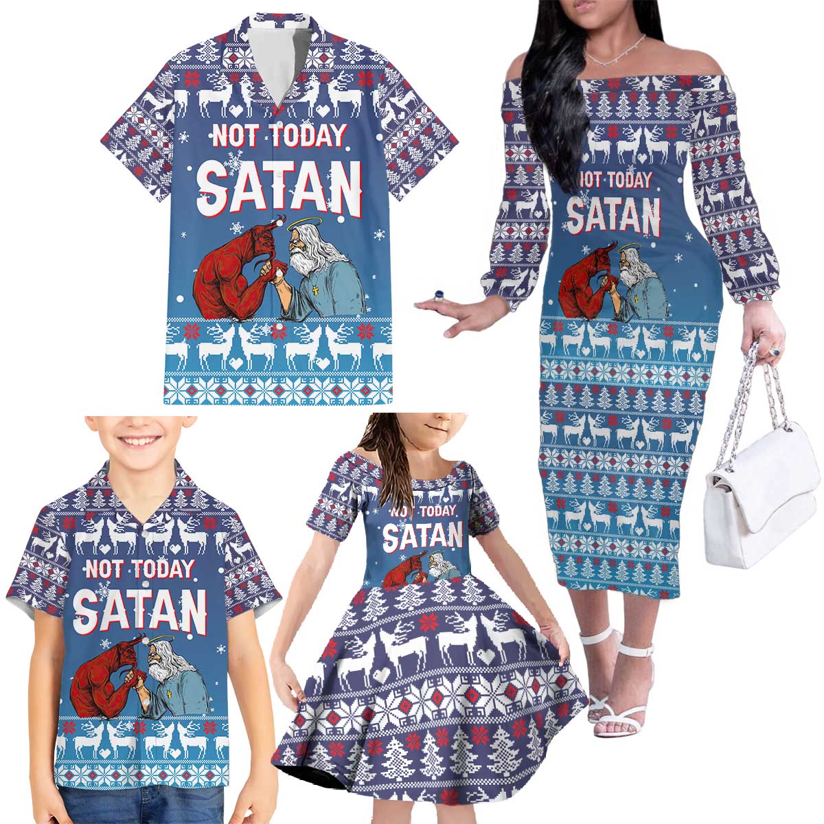 Jesus Not To Day Satan Christmas Family Matching Off The Shoulder Long Sleeve Dress and Hawaiian Shirt Funny Xmas Holiday Patterns - Wonder Print Shop