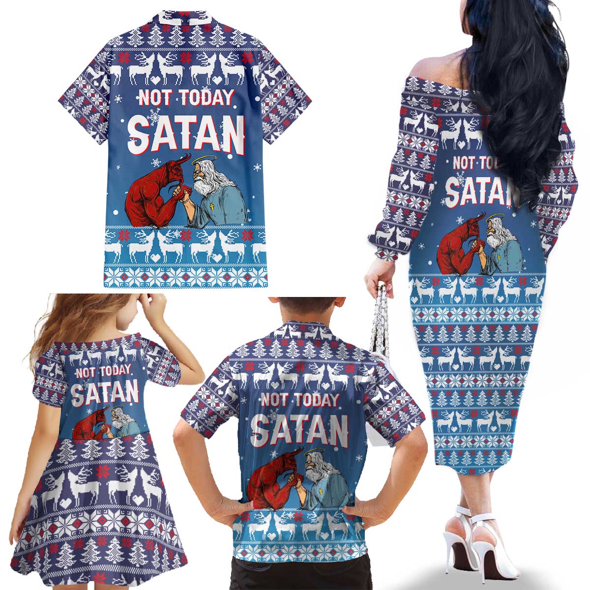 Jesus Not To Day Satan Christmas Family Matching Off The Shoulder Long Sleeve Dress and Hawaiian Shirt Funny Xmas Holiday Patterns - Wonder Print Shop