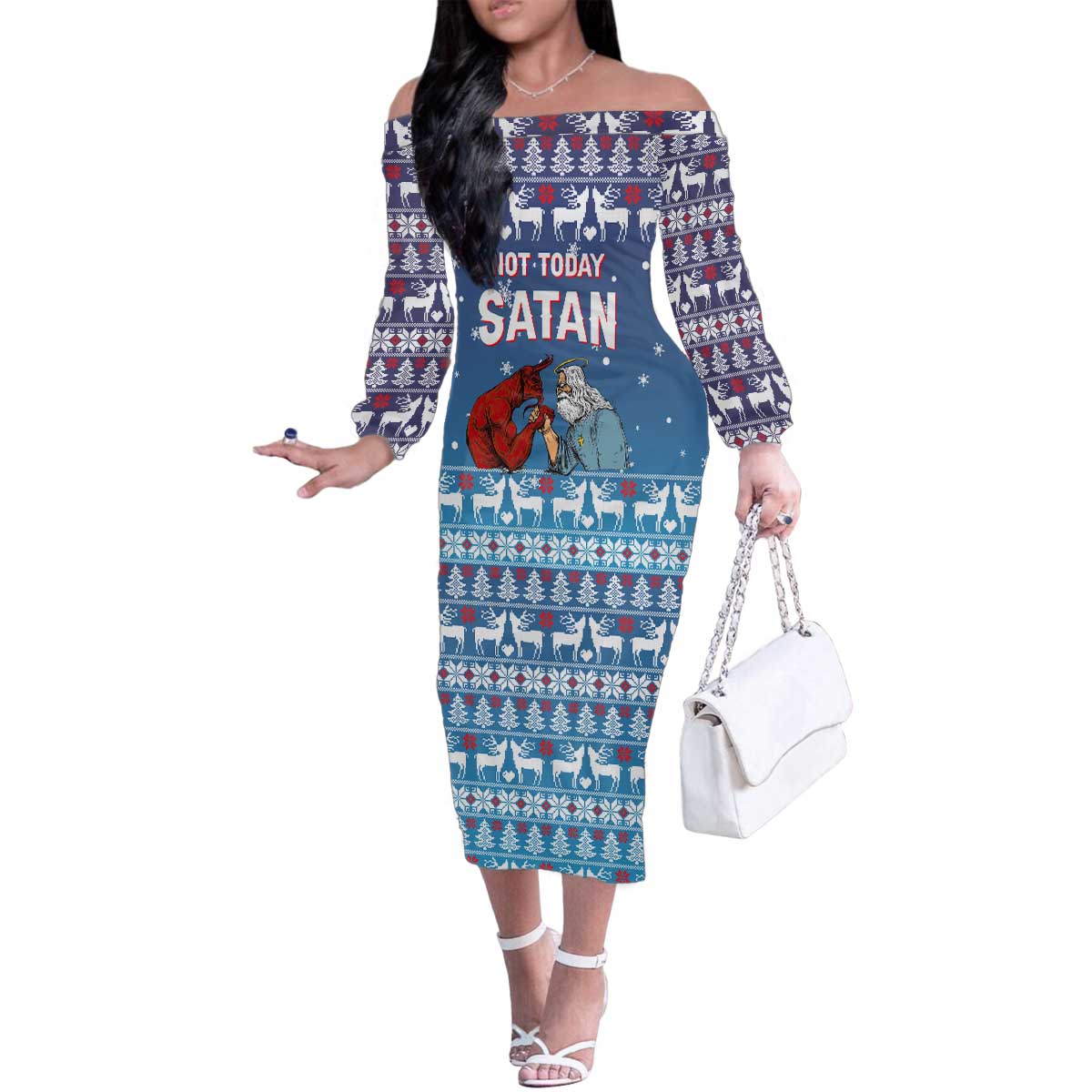 Jesus Not To Day Satan Christmas Family Matching Off The Shoulder Long Sleeve Dress and Hawaiian Shirt Funny Xmas Holiday Patterns - Wonder Print Shop