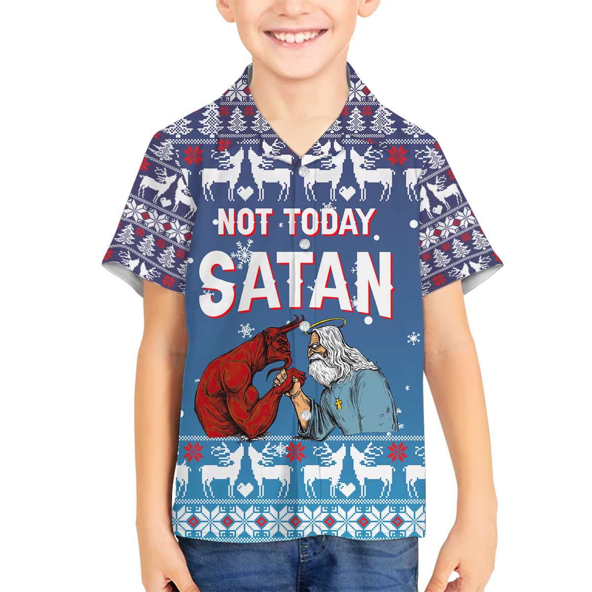 Jesus Not To Day Satan Christmas Family Matching Off The Shoulder Long Sleeve Dress and Hawaiian Shirt Funny Xmas Holiday Patterns - Wonder Print Shop