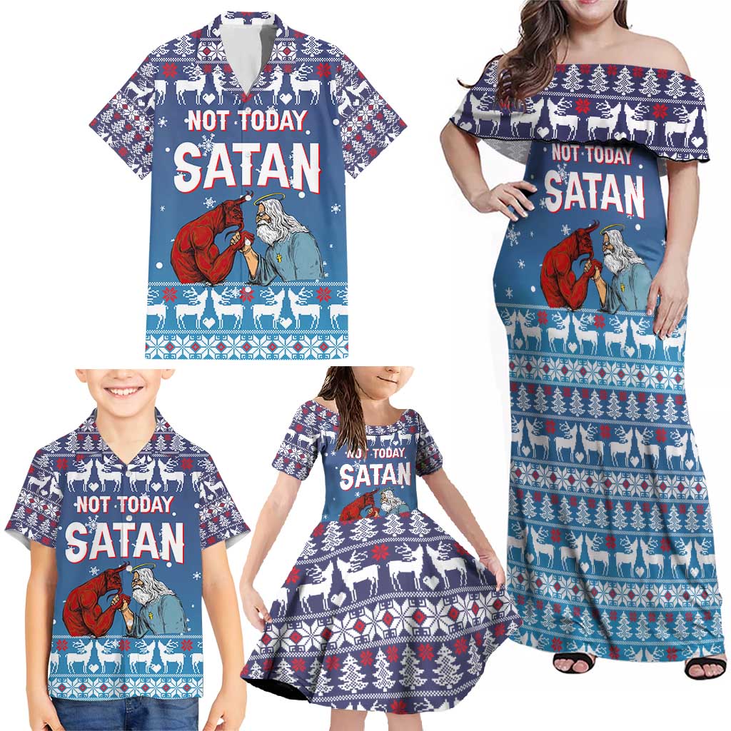 Jesus Not To Day Satan Christmas Family Matching Off Shoulder Maxi Dress and Hawaiian Shirt Funny Xmas Holiday Patterns - Wonder Print Shop