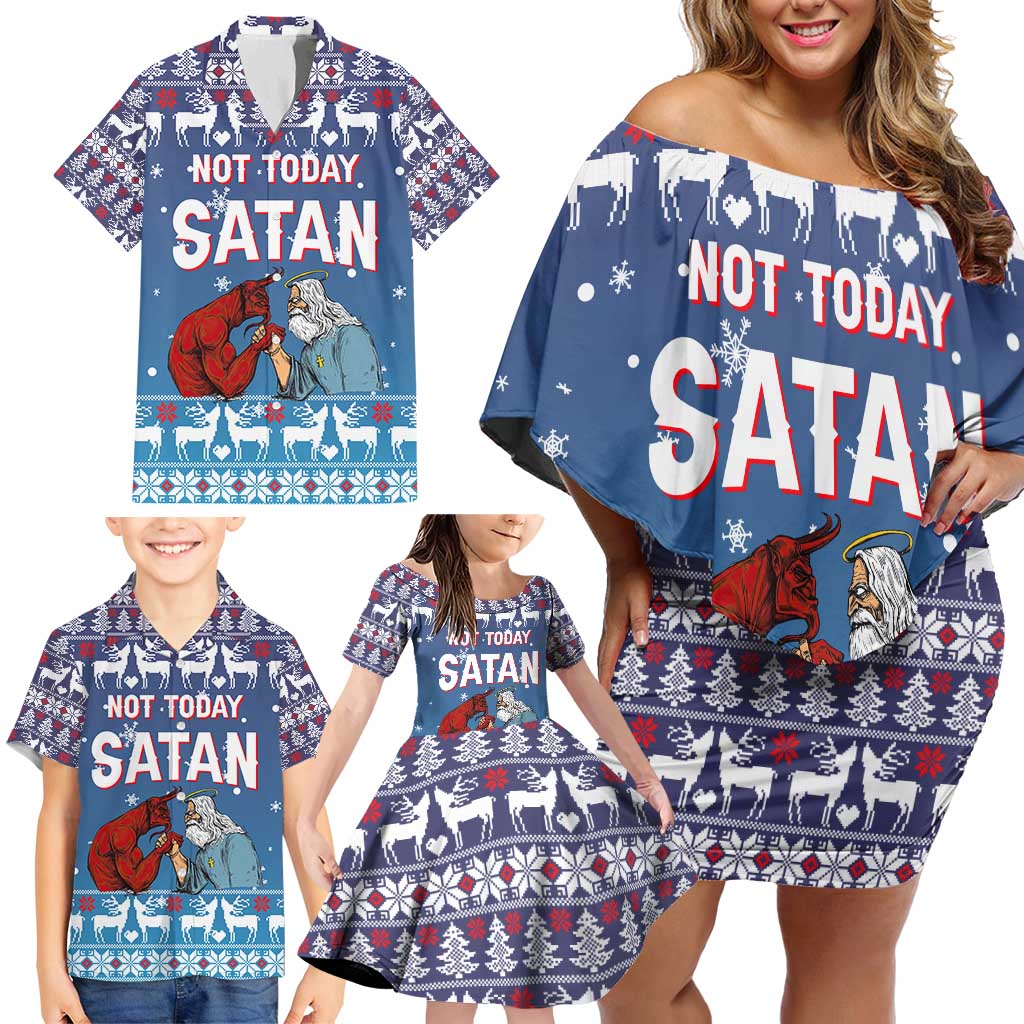 Jesus Not To Day Satan Christmas Family Matching Off Shoulder Short Dress and Hawaiian Shirt Funny Xmas Holiday Patterns - Wonder Print Shop