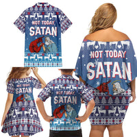 Jesus Not To Day Satan Christmas Family Matching Off Shoulder Short Dress and Hawaiian Shirt Funny Xmas Holiday Patterns - Wonder Print Shop