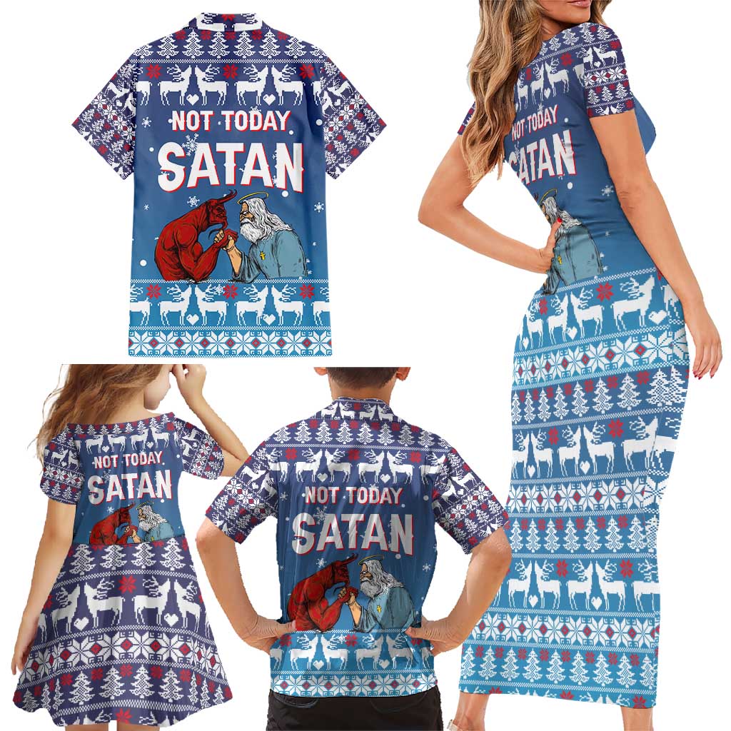 Jesus Not To Day Satan Christmas Family Matching Short Sleeve Bodycon Dress and Hawaiian Shirt Funny Xmas Holiday Patterns - Wonder Print Shop