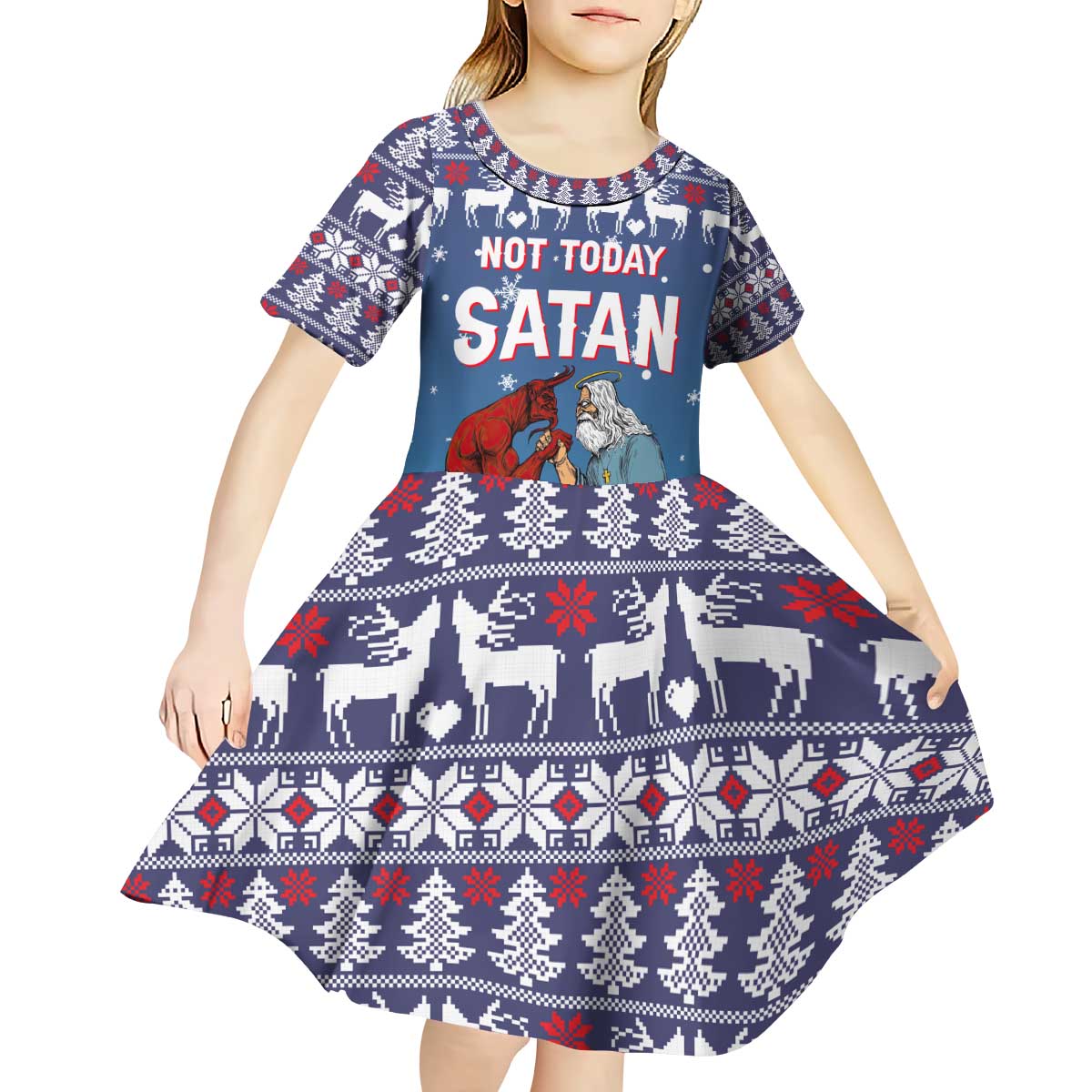 Jesus Not To Day Satan Christmas Kid Short Sleeve Dress Funny Xmas Holiday Patterns - Wonder Print Shop