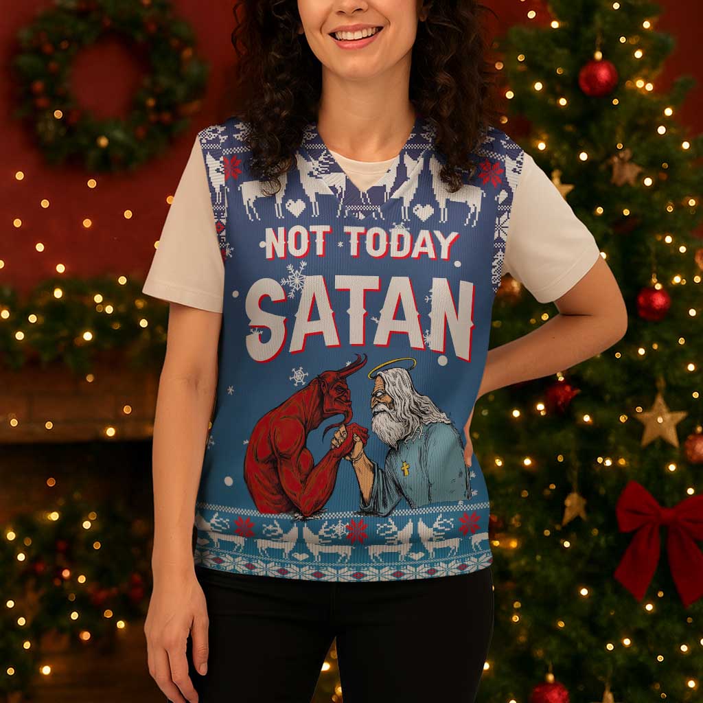 Jesus Not To Day Satan Christmas Knitted V-Neck Vest Funny Xmas Holiday Patterns - Wonder Print Shop