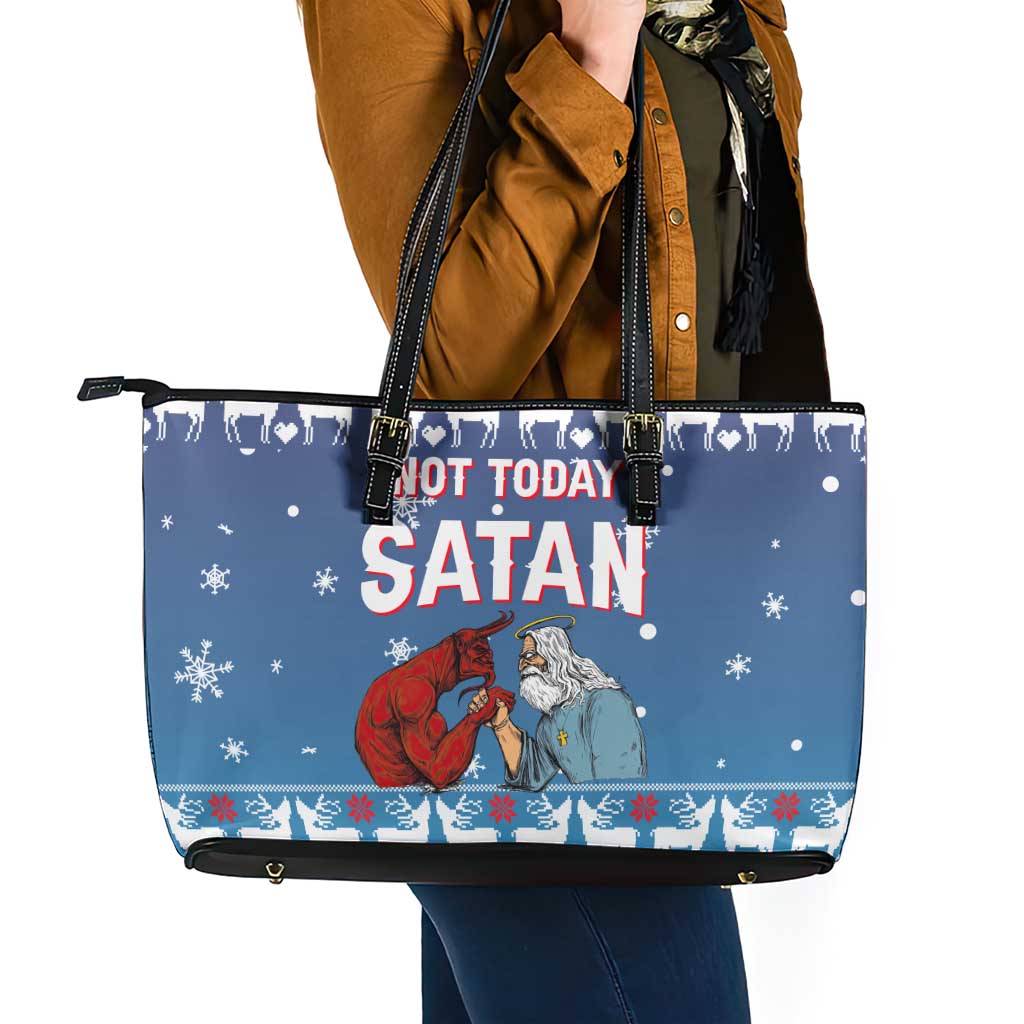 Jesus Not To Day Satan Christmas Leather Tote Bag Funny Xmas Holiday Patterns - Wonder Print Shop