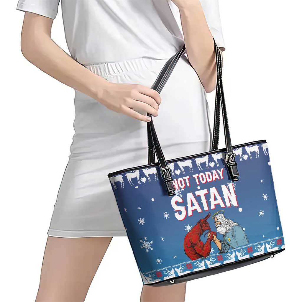 Jesus Not To Day Satan Christmas Leather Tote Bag Funny Xmas Holiday Patterns - Wonder Print Shop