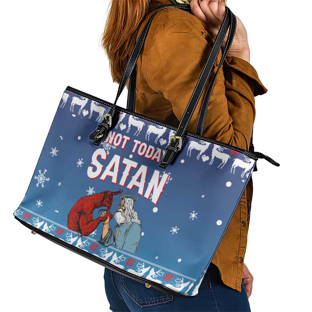 Jesus Not To Day Satan Christmas Leather Tote Bag Funny Xmas Holiday Patterns - Wonder Print Shop