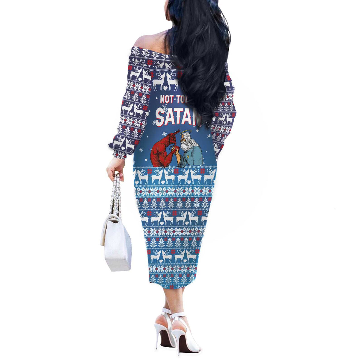 Jesus Not To Day Satan Christmas Off The Shoulder Long Sleeve Dress Funny Xmas Holiday Patterns - Wonder Print Shop