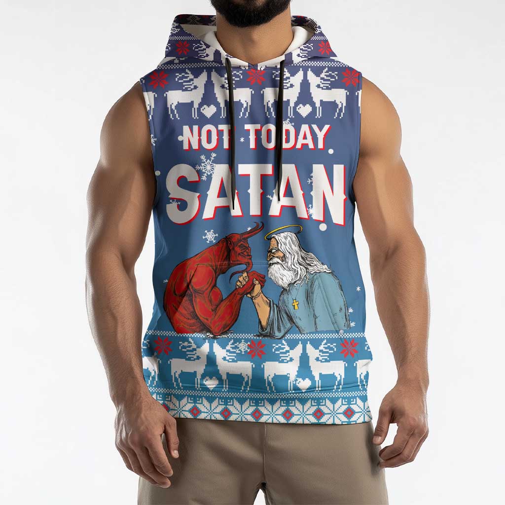 Jesus Not To Day Satan Christmas Sleeveless Hoodie Funny Xmas Holiday Patterns - Wonder Print Shop