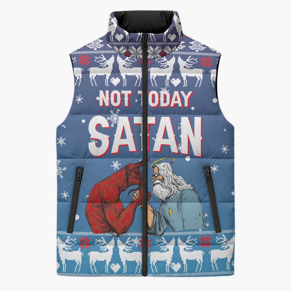 Jesus Not To Day Satan Christmas Sleeveless Puffer Jacket Funny Xmas Holiday Patterns - Wonder Print Shop