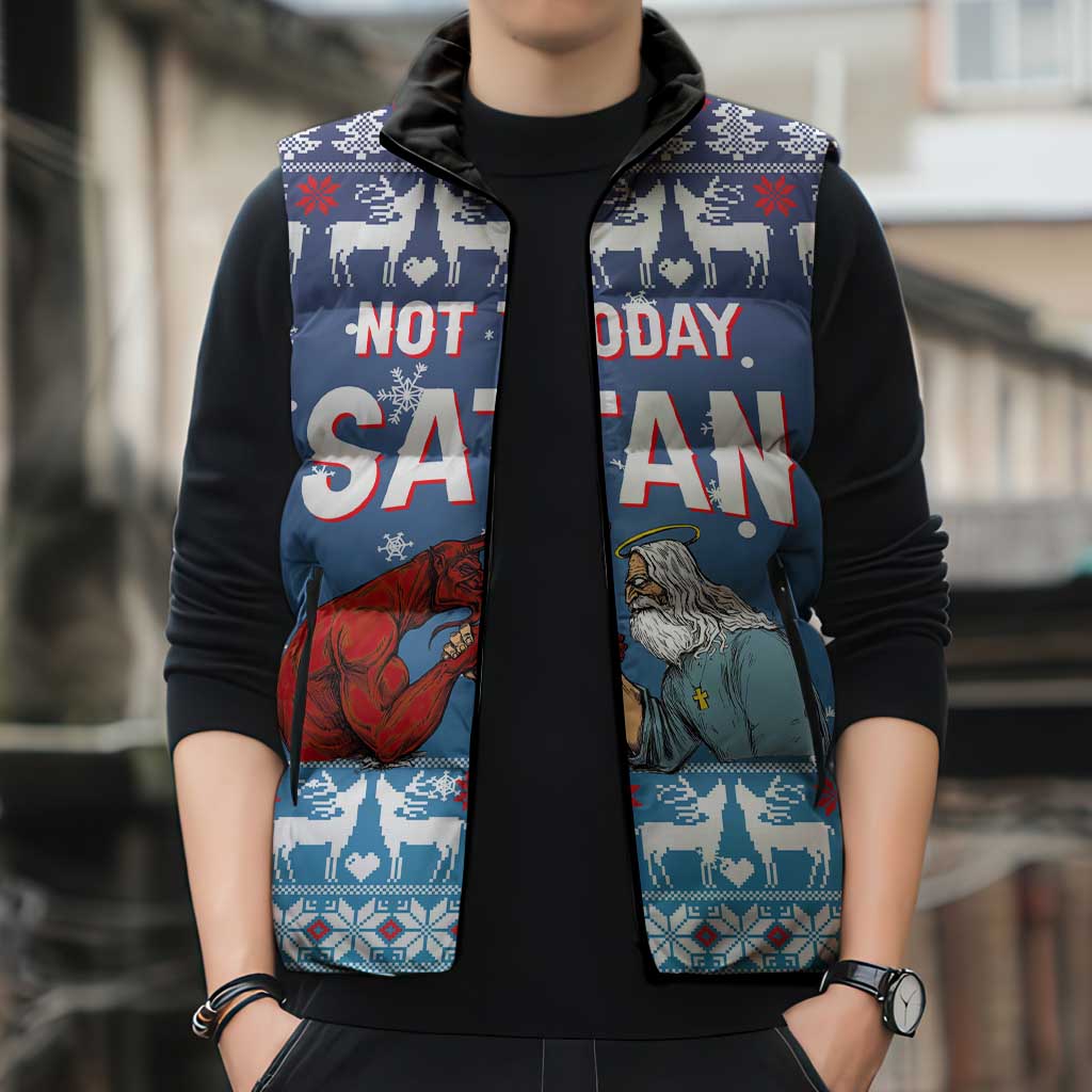 Jesus Not To Day Satan Christmas Sleeveless Puffer Jacket Funny Xmas Holiday Patterns - Wonder Print Shop