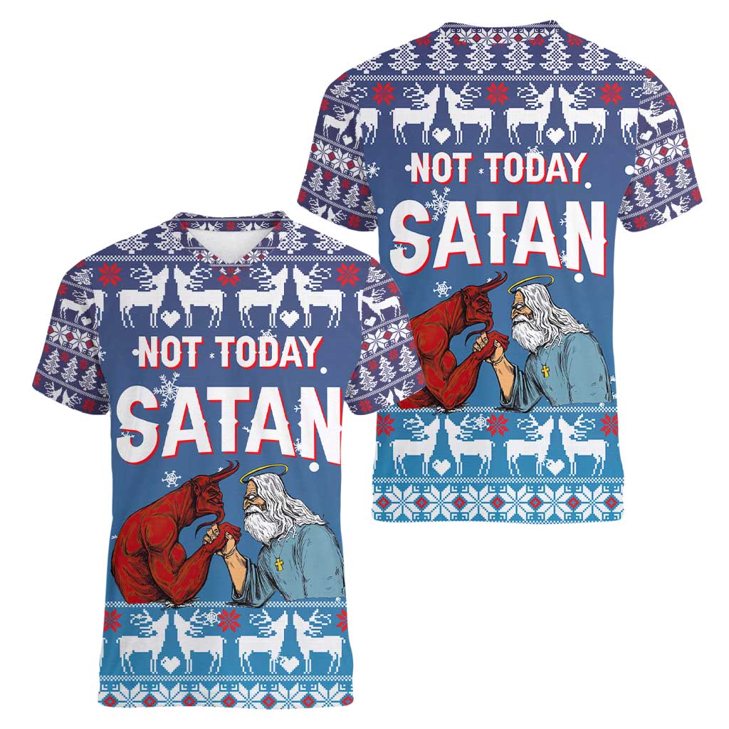 Jesus Not To Day Satan Christmas Women V-Neck T-Shirt Funny Xmas Holiday Patterns - Wonder Print Shop