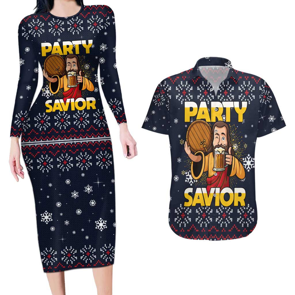 Jesus Party Savior Christmas Couples Matching Long Sleeve Bodycon Dress and Hawaiian Shirt Funny Xmas Holiday Patterns - Wonder Print Shop