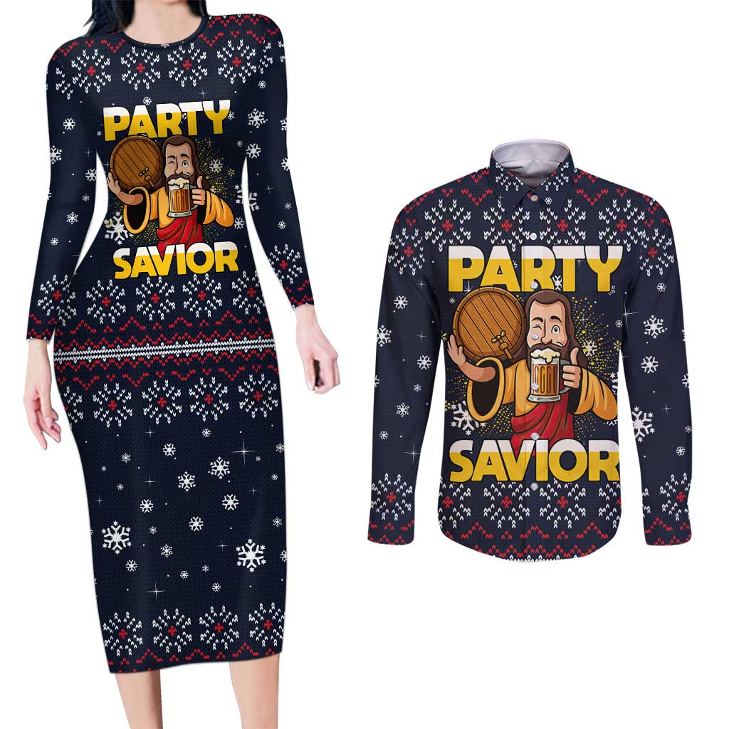 Jesus Party Savior Christmas Couples Matching Long Sleeve Bodycon Dress and Long Sleeve Button Shirt Funny Xmas Holiday Patterns - Wonder Print Shop
