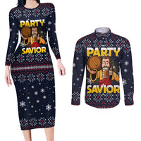 Jesus Party Savior Christmas Couples Matching Long Sleeve Bodycon Dress and Long Sleeve Button Shirt Funny Xmas Holiday Patterns - Wonder Print Shop