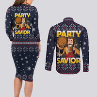 Jesus Party Savior Christmas Couples Matching Long Sleeve Bodycon Dress and Long Sleeve Button Shirt Funny Xmas Holiday Patterns - Wonder Print Shop