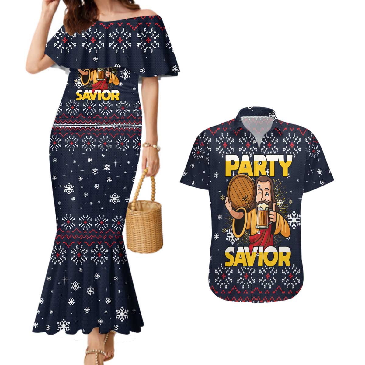Jesus Party Savior Christmas Couples Matching Mermaid Dress and Hawaiian Shirt Funny Xmas Holiday Patterns - Wonder Print Shop